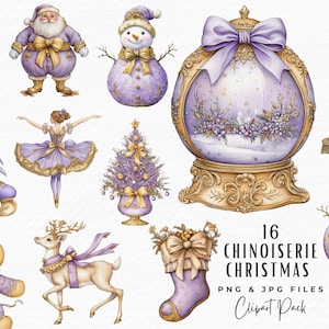 Grandmillenial kerst clipart, aquarel kerst vintage vakantie chinoiserie toile oma chique preppy lila clipart png. Digitale download