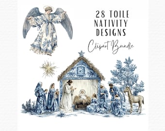 Christmas Toile Clipart, 28 Vintage Holiday Chinoiserie Blue & White Nativity Clipart, Digital Paper Ephemera Christmas Card Clipart Bundle