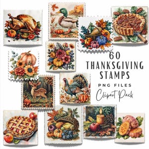 Pacchetto di clipart di francobolli del Ringraziamento, 60 PNG di francobolli finti vintage, cornucopia di zucca di tacchino, clipart autunnali, download digitale, diario spazzatura