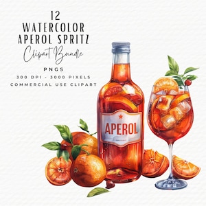Lot de 12 cliparts Aperol Spritz aquarelle | Téléchargement numérique PNG JPEG | Pack de clipart boisson alcoolisée orange signature cocktail d'été