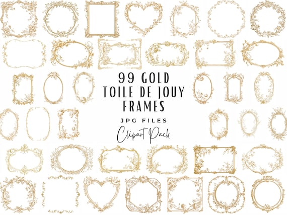 French Gold Frame Clipart Bundle, 99 Watercolor Vintage Gold Toile De Jouy Wedding Baroque Frame Clip Art, Digital Download, Floral Wedding