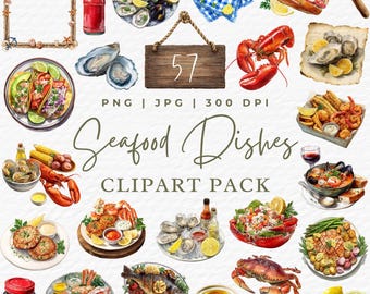 Watercolor Seafood Clipart Bundle, Oyster Illustrations (PNG & JPG)