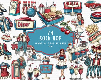 50s Diner Clipart Bundle: Retro Jukebox, Milkshake, Sock Hop (Digital Download)