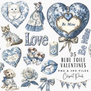 Valentine Toile Clipart, 35 Watercolor Blue & White Grandmillenial Chinoiserie Valentines Day Clipart PNG, Digital Download Commercial Use