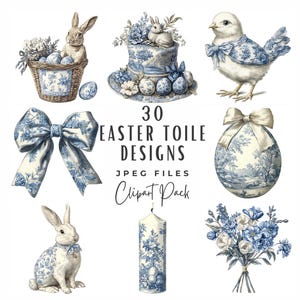 Bundle de cliparts toile de Pâques, 30 Clipart printemps toile de Jouy aquarelle bleu et blanc, téléchargement numérique, clipart de jolies chinoiseries de Pâques