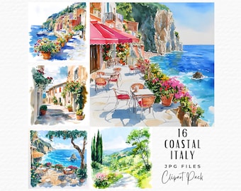 Italië kust aquarel clipart, mediterrane reisscènes (digitale download)