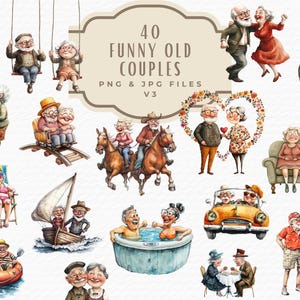 Imágenes prediseñadas de pareja de ancianos divertida, linda familia acuarela abuelos abuela abuelo pareja de ancianos aniversario imágenes prediseñadas descarga digital uso comercial