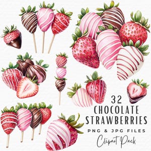 Bundle de cliparts fraise recouvert de chocolat, 32 cliparts aquarelle de fraises au chocolat rose blanc de la Saint-Valentin, téléchargement numérique