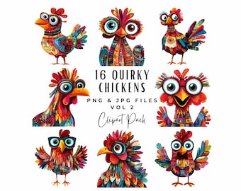 Peut inclure: Un ensemble de 16 images clipart numériques originales de poulets avec des motifs colorés et de grands yeux. Le texte "16 Quirky Chickens" est au centre de l'image. Le texte "PNG & JPG Files Vol 2 Clipart Pack" est sous le titre.