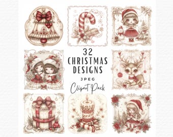 Vintage Christmas Clipart Bundle, 32 Retro Watercolor Designs (Digital Download)