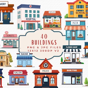 Conjunto de clipart de construção comunitária, download instantâneo de ilustrações coloridas de escola, hospital, supermercado e polícia, arte para meninos e meninas para uso comercial