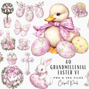 Grandmillenial Pasen-clipartbundel, 40 aquarel roze en witte preppy lente-clipart, digitale download, schattige paas-chinoiserie-clipart