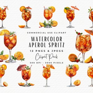 Lot de 12 cliparts Aperol Spritz aquarelle | Téléchargement numérique PNG JPEG | Pack de clipart boisson alcoolisée orange signature cocktail d'été