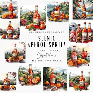 Paquete de 12 imágenes prediseñadas de Aperol Spritz en acuarela / Descarga digital PNG JPEG / Paquete de imágenes prediseñadas de bebida alcohólica exclusiva de cóctel de verano naranja