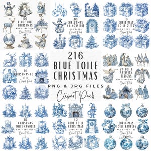 Toile de Natal Clipart, Mega Pacote 216 Vintage Holiday Chinoiserie Azul e Branco Clipart, Digital Paper Ephemera JPG Cartão de Natal Clipart