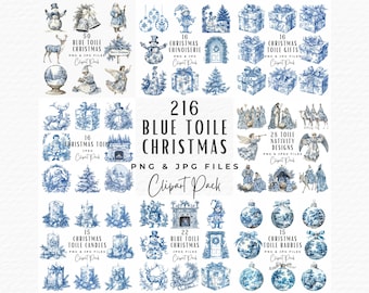 Christmas Toile Clipart, Mega Bundle 216 Vintage Holiday Chinoiserie Blue & White Clipart, Digital Paper Ephemera JPG Christmas Card Clipart