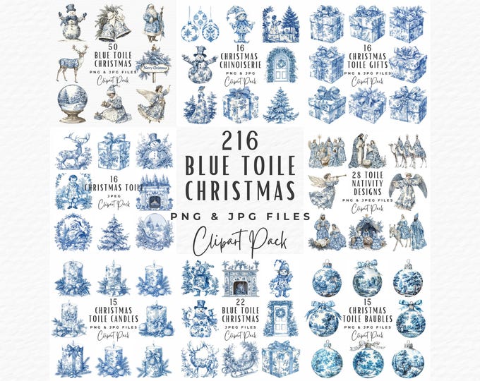 Christmas Toile Clipart | 16 Vintage Holiday Chinoiserie Blue & White ...