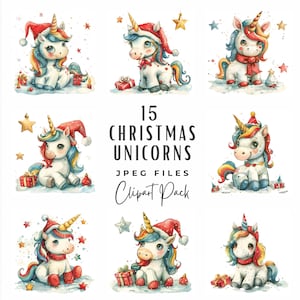 Christmas Unicorn Clipart Bundle | Watercolor Winter Holiday Cute Unicorn Illustration Clipart JPG Digital Paper Craft | DIY Christmas Card