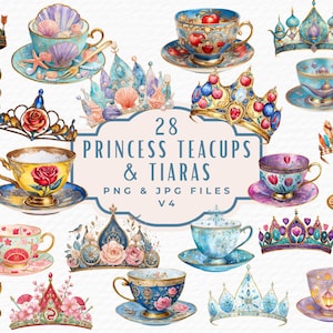 Clipart di tazze da tè da principessa, fantasiosa arte acquerellata per il tè, graziose tazze da tè e diademi a corona per lavoretti e inviti per bambini, download digitale