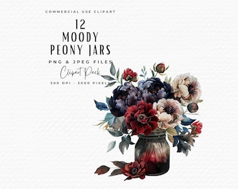 Moody Peony Mason Jar Clipart Bundle: Watercolor Flowers (Digital Download)