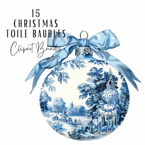 Clipart de Navidad en toile / 15 imágenes prediseñadas vintage de chinoiserie en azul y blanco / Paquete de imágenes prediseñadas de tarjetas navideñas en formato JPG de papel digital efímero