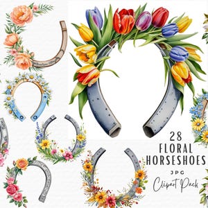 Floral Horse Shoe Clipart, 28 Watercolor Equestrian Flower Horse Shoe Clip Art JPEG, Digital Download Commercial Use, Junk Journal Scrapbook
