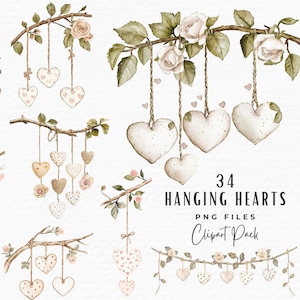 Pacchetto Clipart Cuori Appesi, 34 Clip Art Acquerello Cuori d'Amore per San Valentino PNG, Download Digitale Uso Commerciale, Clipart Decorazioni per Nozze