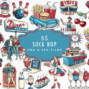 Puede incluir: Una colección de 85 ilustraciones de estilo retro con temática de "sock hop". Las ilustraciones incluyen un restaurante, una máquina de discos, un coche, bolos, patines, un batido, patatas fritas, un perrito caliente y una pareja con ropa de los años 50. Las ilustraciones son de estilo vintage con una combinación de colores rojo, blanco y azul.