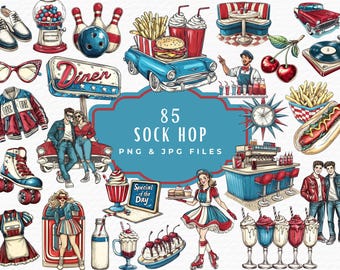 50s Diner Clipart Bundle: Retro Jukebox, Milkshake, Sock Hop (Digital Download)