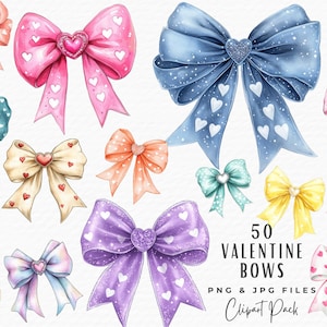 Set di clipart di fiocchi per San Valentino, 50 clipart di fiocchi estetici con cuori rossi e acquerello, PNG JPG, download digitale, decorazioni per uso commerciale
