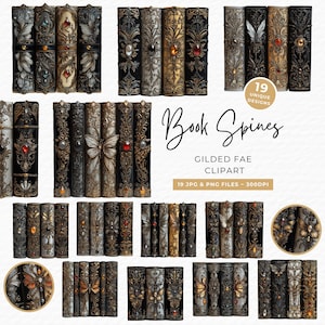 May include: A collection of 19 unique gilded fae book spine designs. The spines feature ornate gold, silver, and black detailing with jewel accents and butterfly motifs. The text "Book Spines" and "GILDED FAE CLIPART" are also visible.
