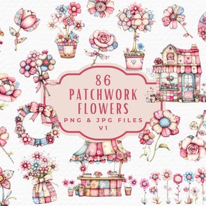 Fleur Patchwork Clipart, Clipart couture, téléchargement numérique Bundle de PNG & JPG, Illustrations imprimables pour la création de Scrapbooking Junk Journal