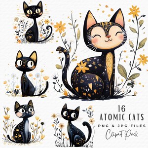 Atomic Cat Clipart Bundle, Cute Retro Mid Century Modern Black Cat Clipart PNG, Digital Download, Commercial Use, Junk Journal Scrapbooking