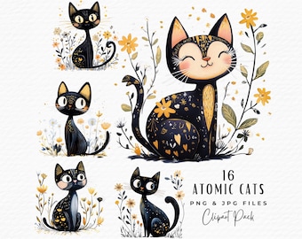 Atomic Black Cat Clipart Bundle, Retro PNG, Commercial Use (Digital Download)