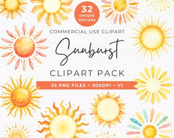 Watercolor Sunburst Clipart: Summer Sunshine Art, DIY Graphics (Digital Download)