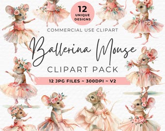Watercolor Ballerina Mouse Clipart, Pink Christmas Ballet, Sugar Plum Fairy (Digital Download)