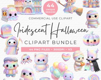 Iridescent Halloween Clipart Bundle, Watercolor Ghost, Pumpkin PNGs (Digital Download)
