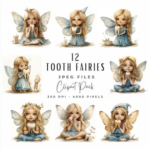 Clipart fée des dents, mignon fée des dents dentiste soins dentaires des cliparts, téléchargement numérique, 12 illustrations magiques de conte de fées pour enfants Clip Art Bundle