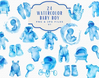 Watercolor Blue Baby Boy Clipart, Nursery Decor (Digital Download)