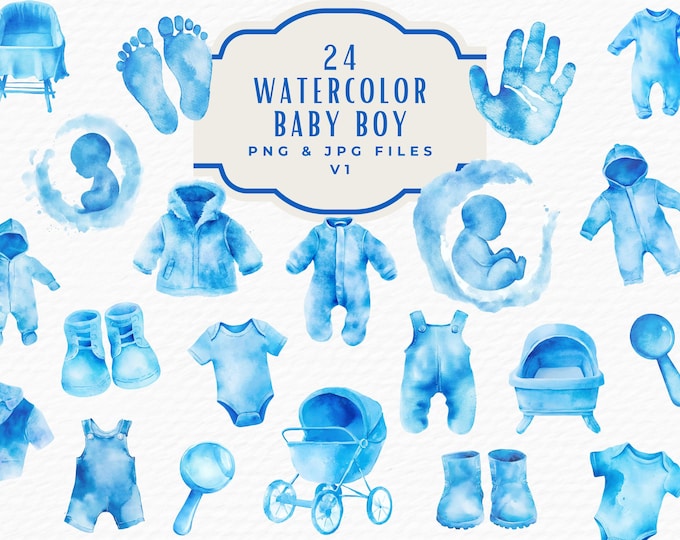 Baby Shower Boy Blue Clipart Set: Watercolor Nursery Graphics PNG ...