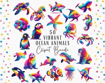 Pacchetto di clipart di animali dell'oceano / Disegni PNG di vita marina brillante (download digitale)