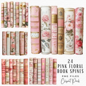 Puede incluir: Una colección de 24 lomos de libros florales rosas. Los lomos presentan varios diseños florales, incluyendo rosas y otras flores, con detalles dorados. El texto "24 PINK FLORAL BOOK SPINES" es visible, junto con "PNG FILES" y "Clipart Pack".