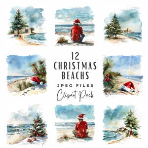 Watercolor Christmas Beach Clipart Bundle, Tropical Coastal Christmas in July Nautical Summer Beach Clipart, Digital Download Commercial Use