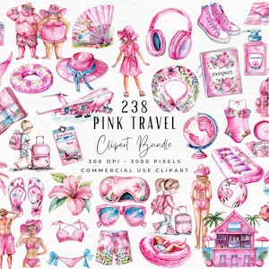 Paquete de 238 imágenes prediseñadas de viajes en rosa, mega paquete de imágenes prediseñadas de viajes por el mundo para chicas, imágenes prediseñadas de aventuras de acuarela de vacaciones de verano, descarga digital