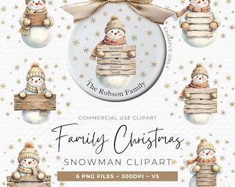 May include: A digital illustration featuring a collection of snowman clipart. Each snowman wears a hat and scarf, holding a wooden sign. One ornament has the text "The Robson Family" and names. The words "Family Christmas Snowman Clipart" are also present.