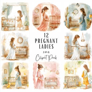Pacote de clipart de gravidez em aquarela, maternidade, chá de bebê, maternidade, dia das mães, mulheres grávidas, futura mamãe, berçário, clipart digital para download