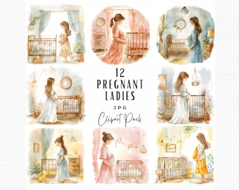 Watercolor Pregnancy Clipart Bundle, Nursery Decor (Digital Download)