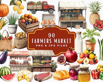 Watercolor Farmers Market Clipart: 90 PNG & JPG Illustrations (Digital Download)