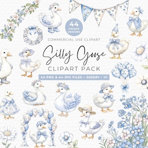 Silly Goose Clipart, 44 PNG & 44 JPG Watercolor Baby Shower, 1st Birthday Goose Illustrations for Invitations, Nursery Art, Scrapbook Crafts