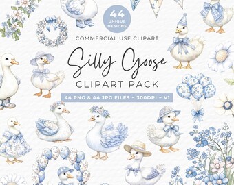 Clipart de ganso divertido, 44 PNG y 44 JPG de acuarela para baby shower, ilustraciones de ganso para el primer cumpleaños para invitaciones, arte infantil, manualidades de scrapbooking